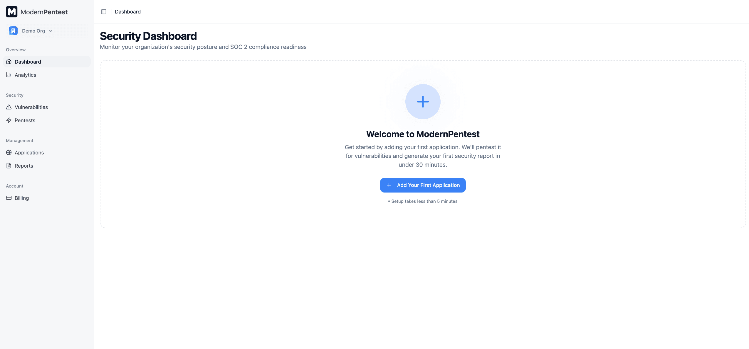 Screenshot: Empty dashboard with Add Application button