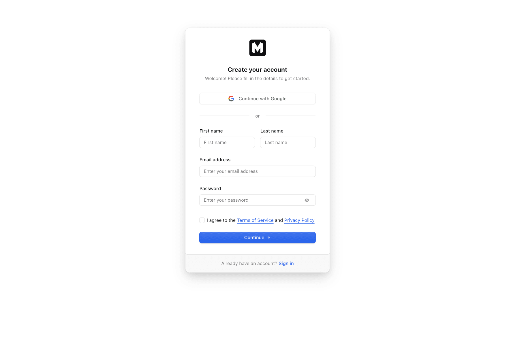 Screenshot: Account creation page