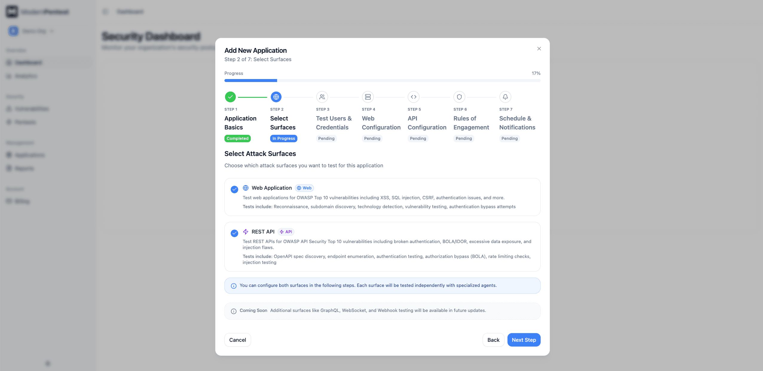 Screenshot: Add application modal
