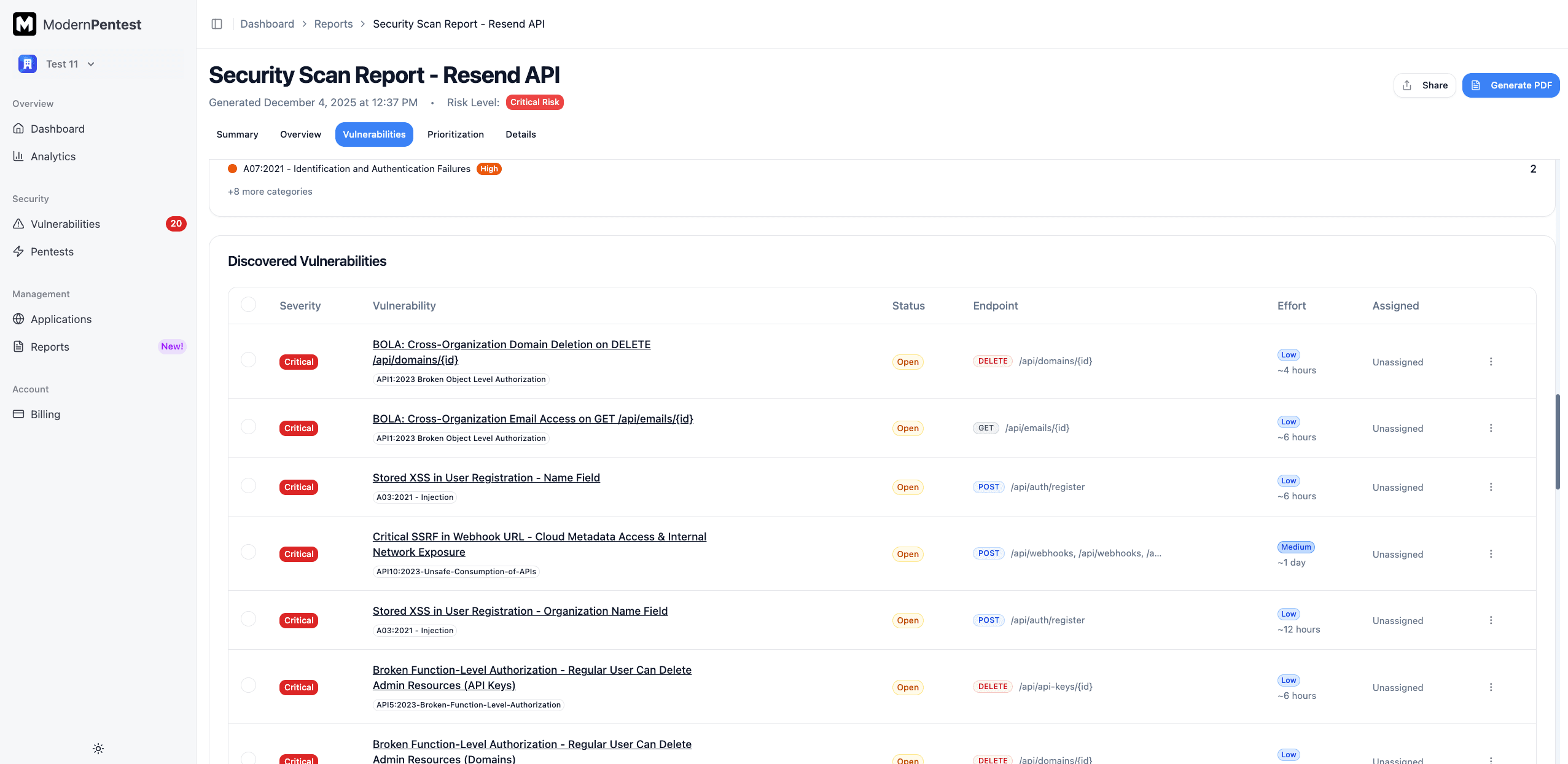 Screenshot: Vulnerability tabs