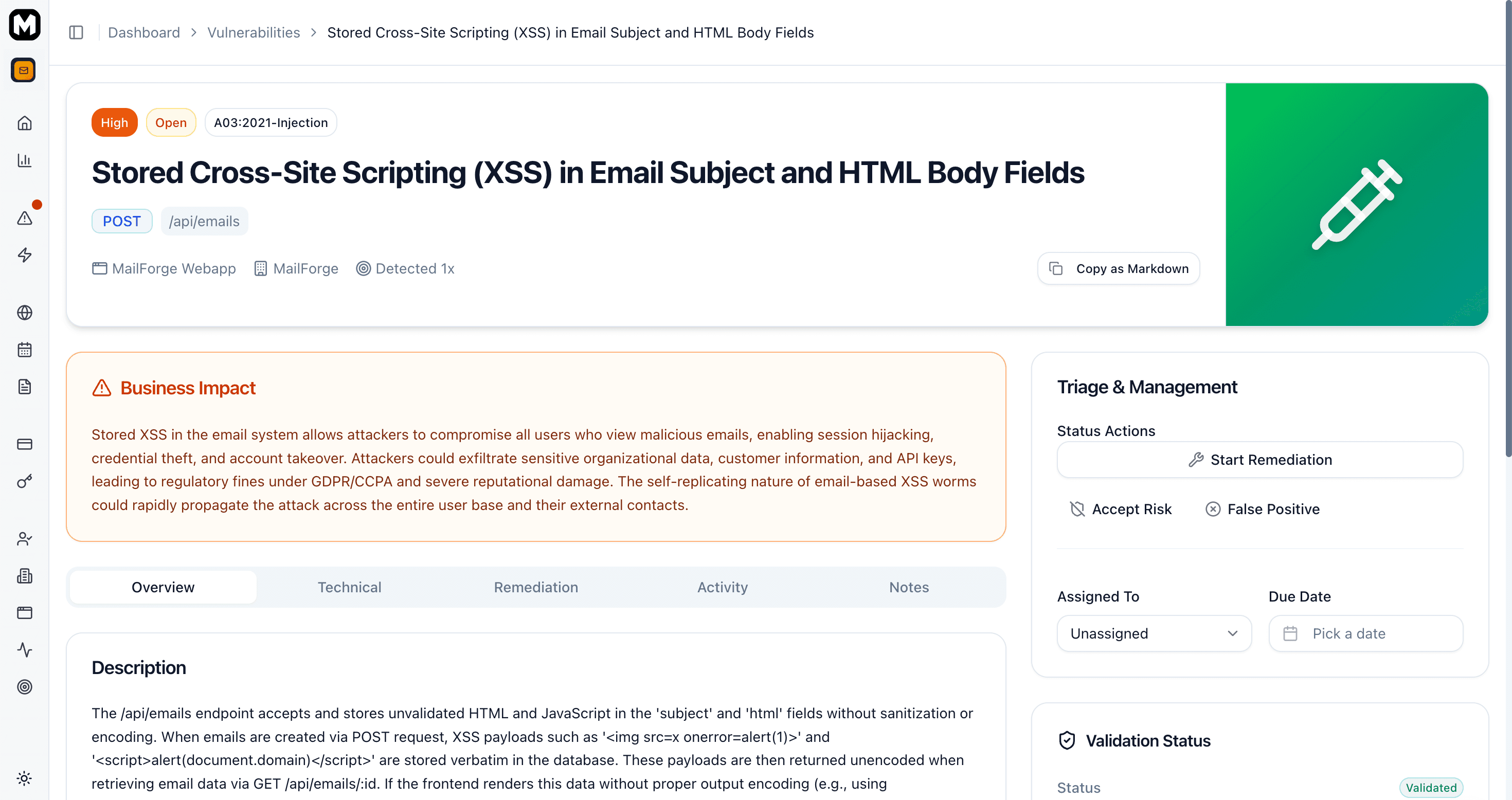 Screenshot: Vulnerability detail page